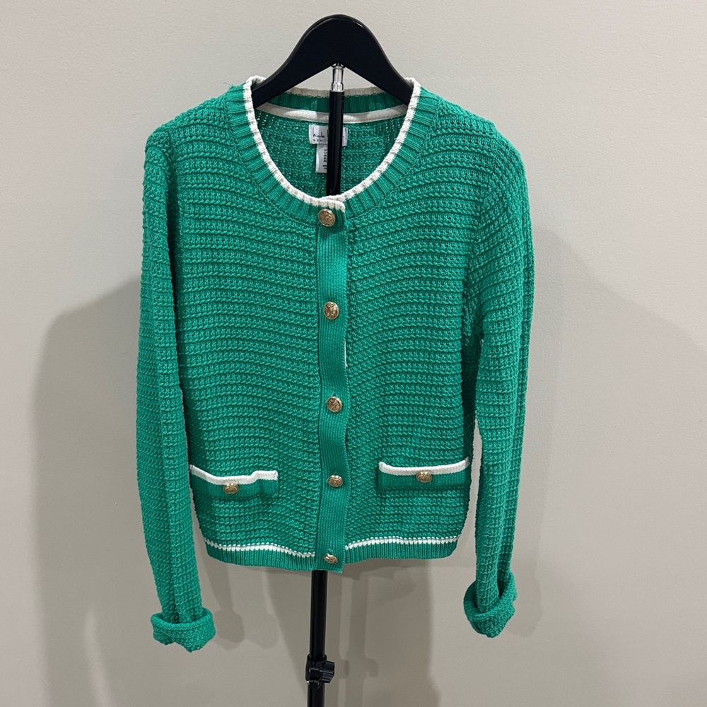 Nicole Miller Green Knit Button-Front Women's Sweater with White Trim